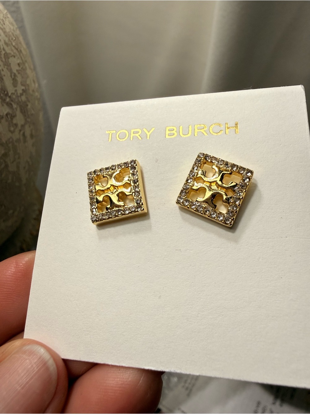 Tory Burch Gold Crystal-Trim Square Logo Stud Earrings